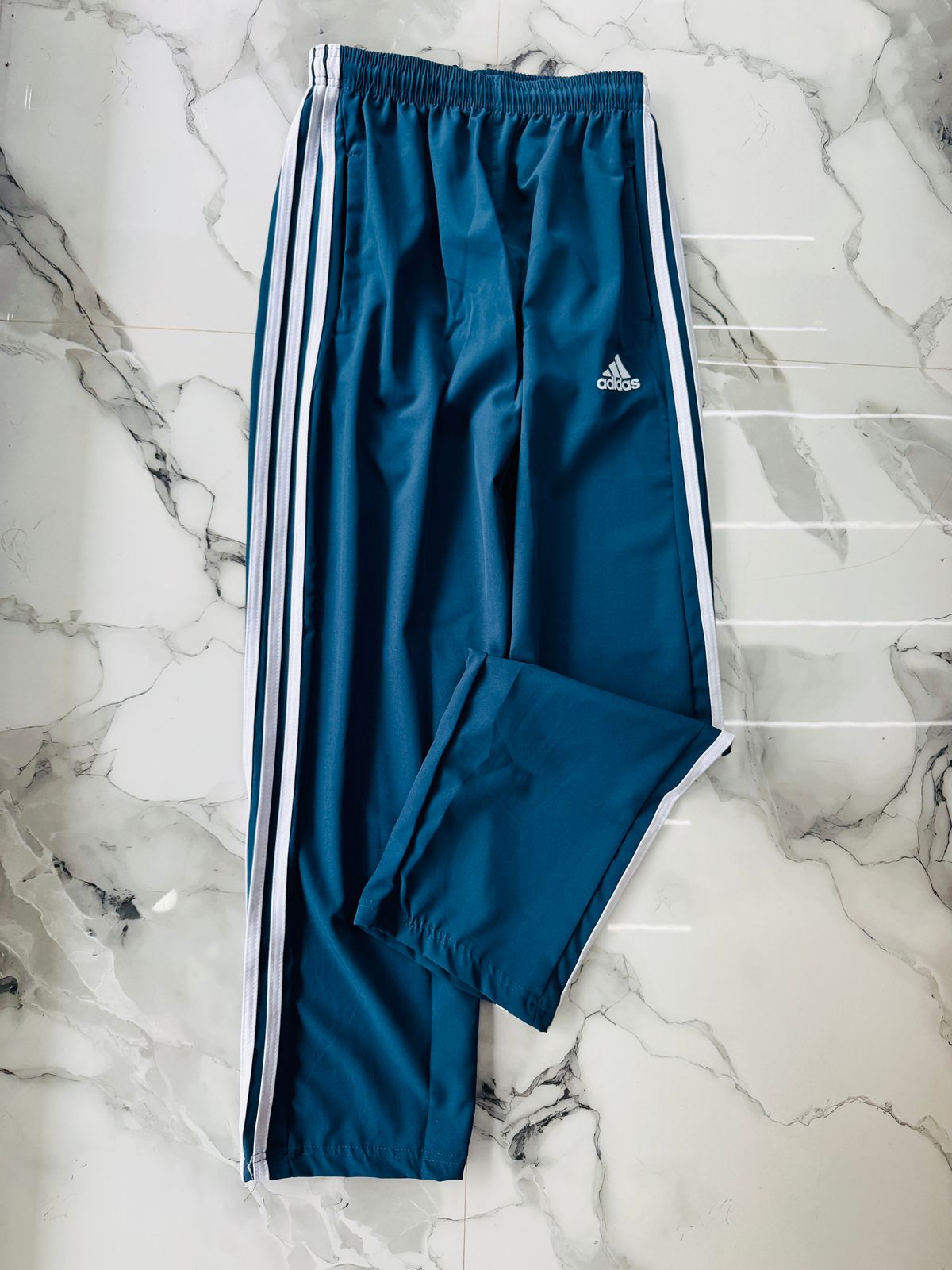 Adidas Men's Blue Track Pants with Triple White Side Stripes
