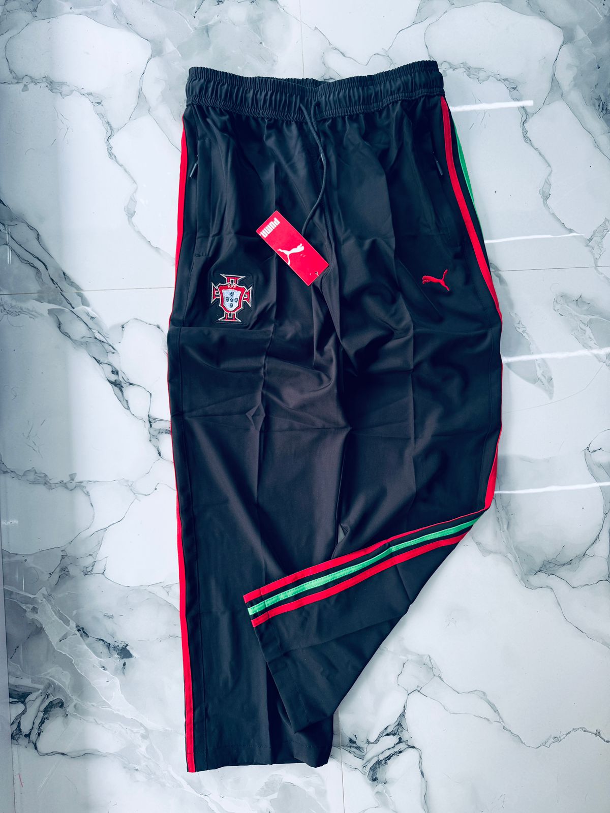 Portugal Black Training Track Pants with Red & Green Side Stripes – Premium Sports Joggers for Men