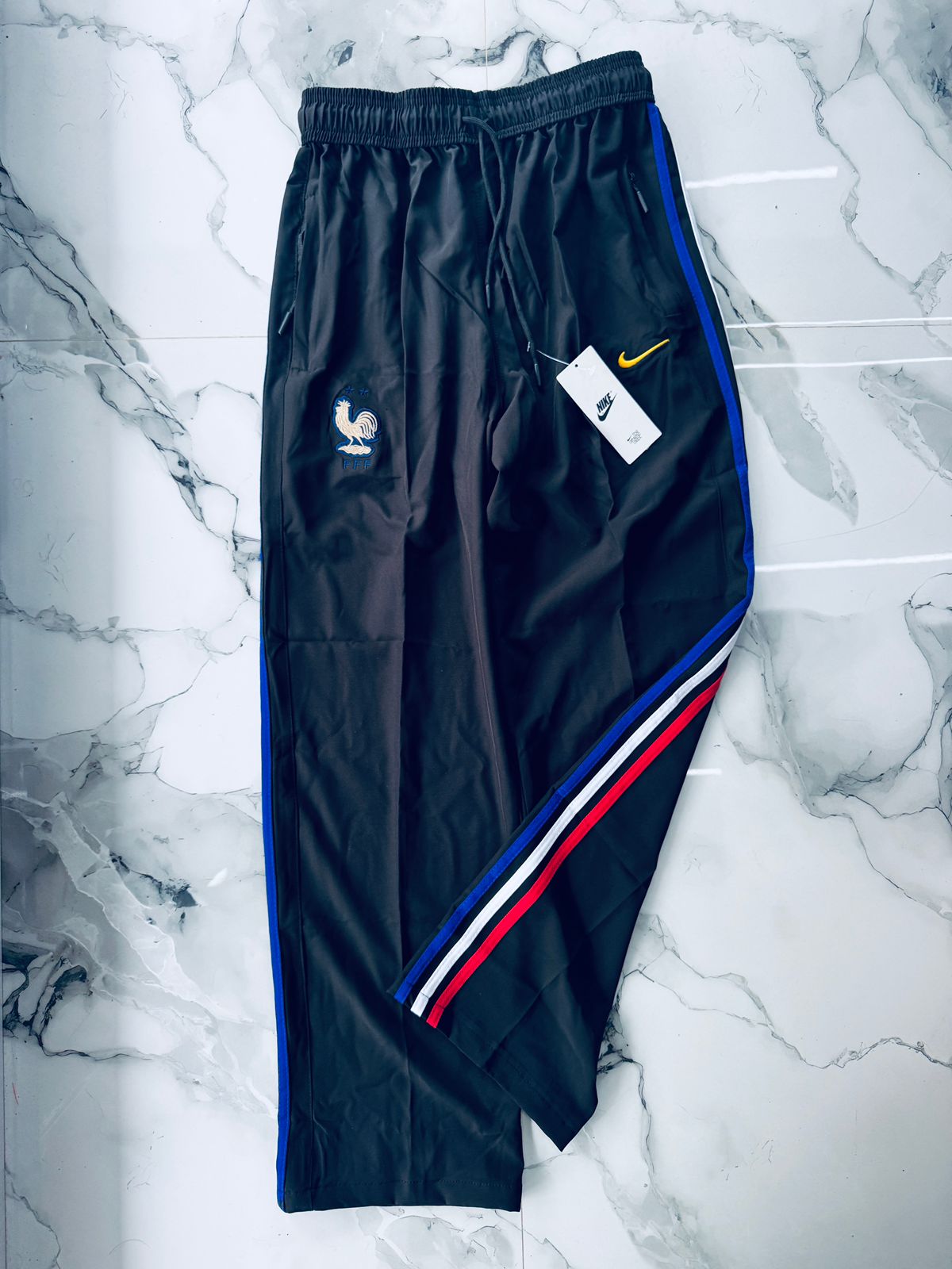 France Black Training Track Pants with Blue, White & Red Side Stripes – Premium Sports Joggers for Men