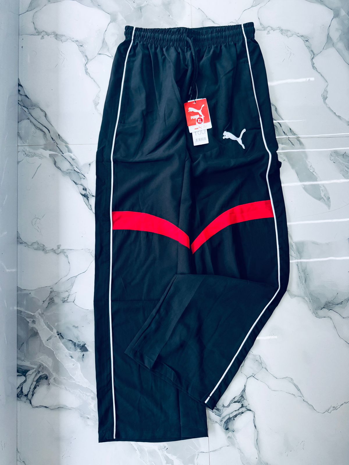 Puma Black Premium Training Track Pants with Red Chevron Panel – Sports Joggers for Men