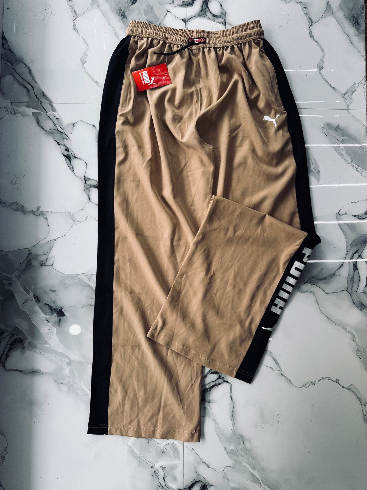 Puma Beige Premium Training Track Pants with Black Side Panels – Sports Joggers for Men