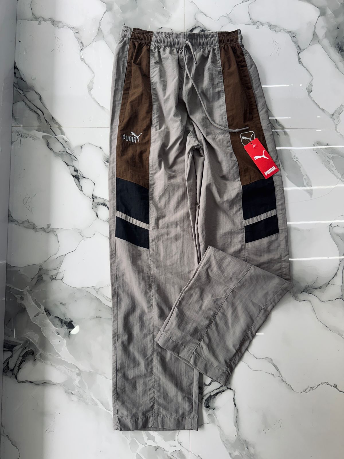 Puma Grey Premium Training Track Pants with Brown & Black Contrast Panels – Sports Joggers for Men