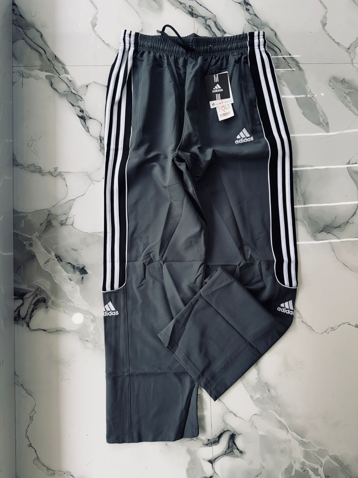 Adidas Dark Grey Premium Training Track Pants with Triple White Side Stripes – Sports Joggers for Men