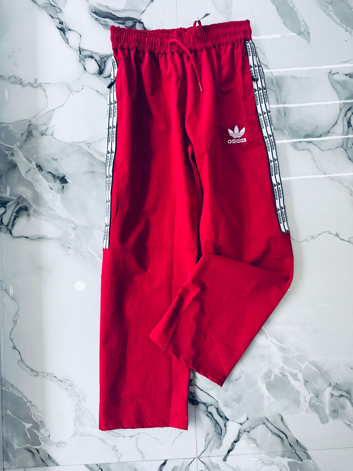 Adidas Originals Red Premium Track Pants for Men – Casual Sports Joggers with Logo Side Tape