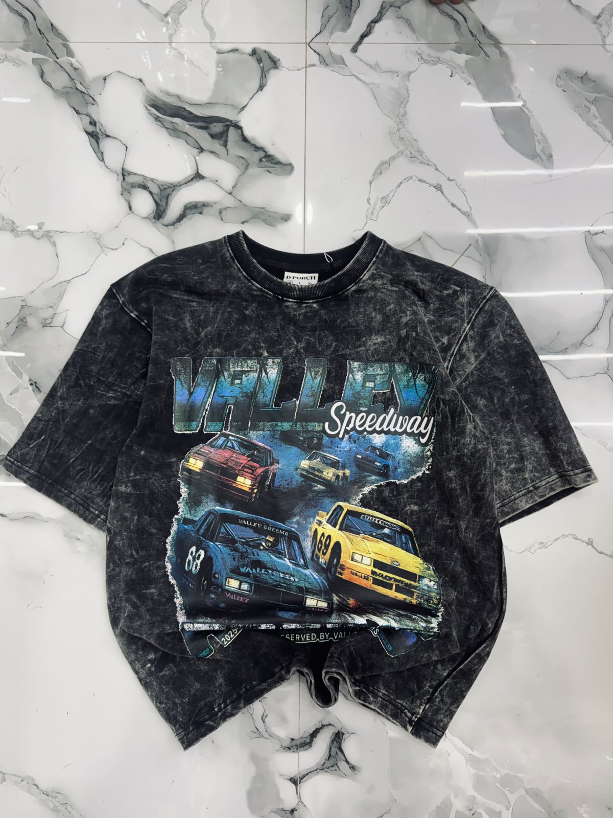 Valley Speedway Acid Wash Five Sleeve Oversized T-Shirt – Vintage Black