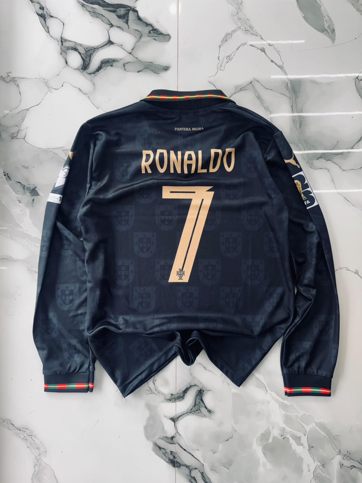 Portugal Ronaldo #7 Full Sleeve Collar Football Jersey – Black Edition