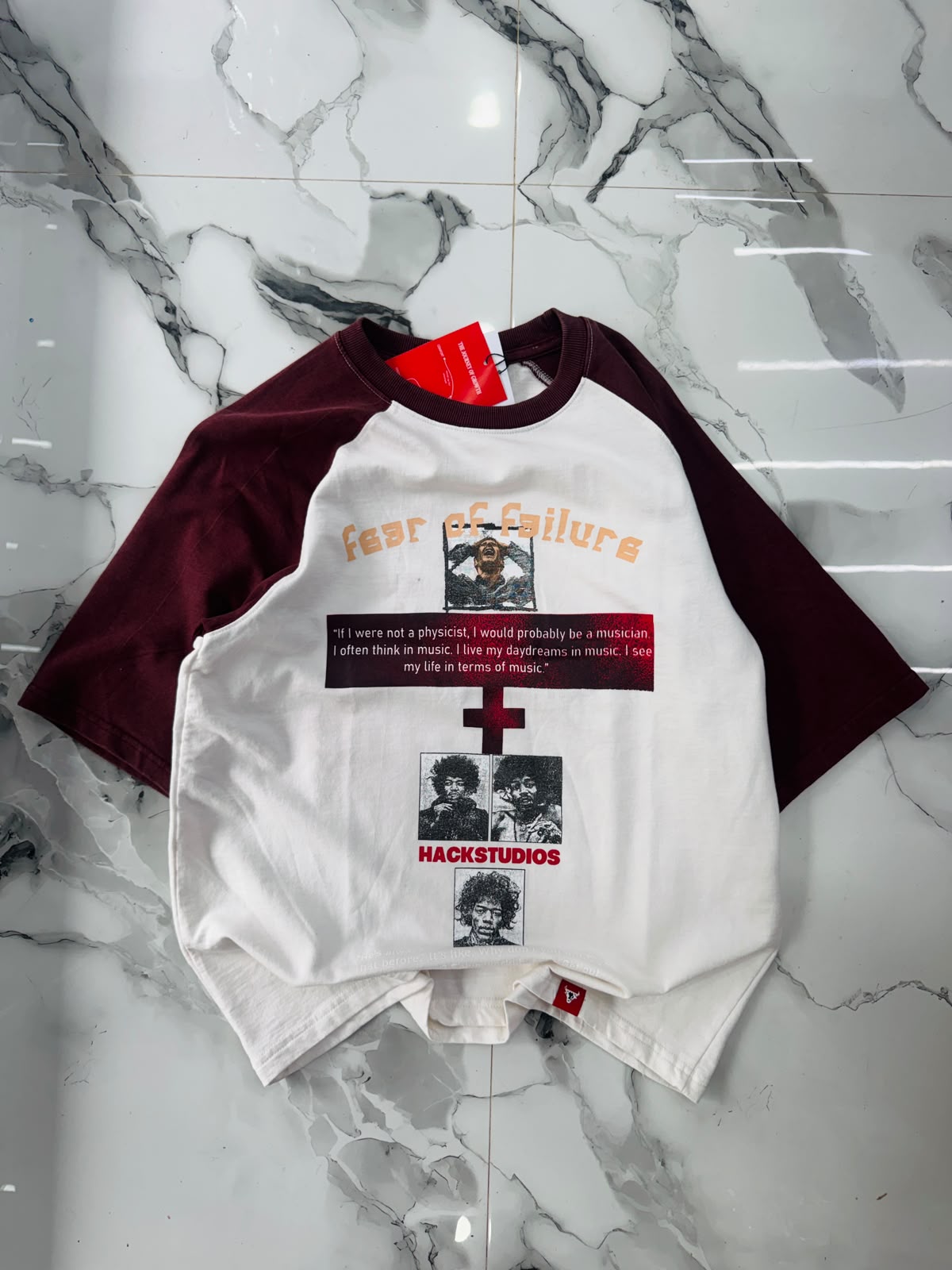 Premium Oversized Graphic Raglan T-Shirt – Fear of Failure Edition (Burgundy & White)