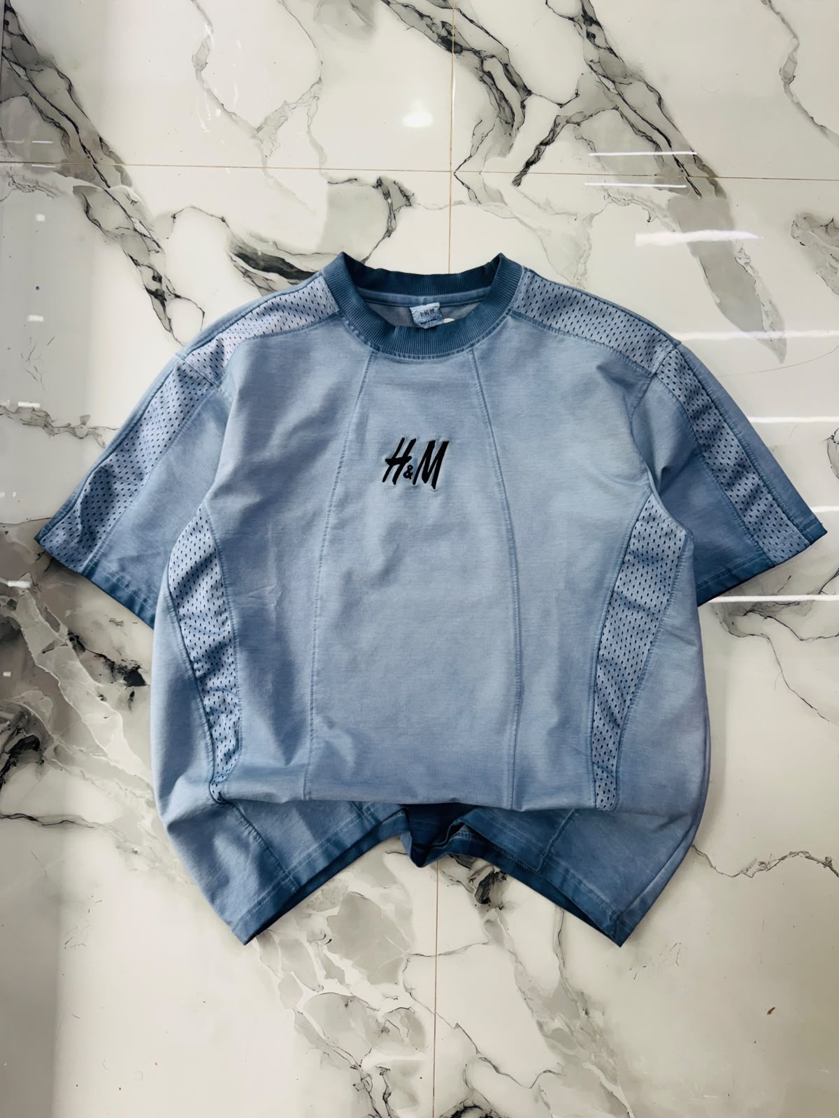 H&M Premium Oversized Mesh Panel T-Shirt – Sky Blue Edition