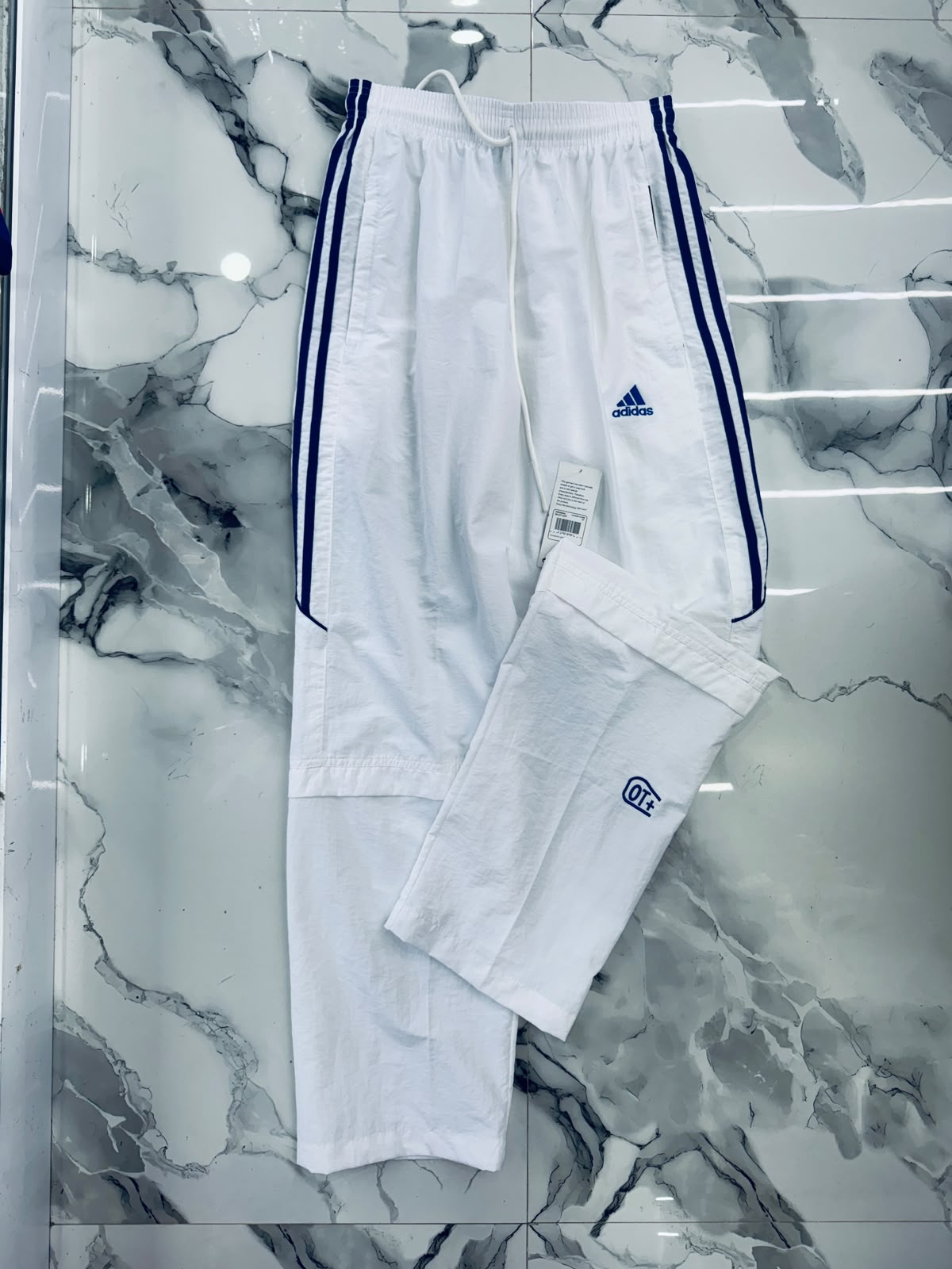 Adidas Premium Nylon Track Pants – White with Blue Stripes